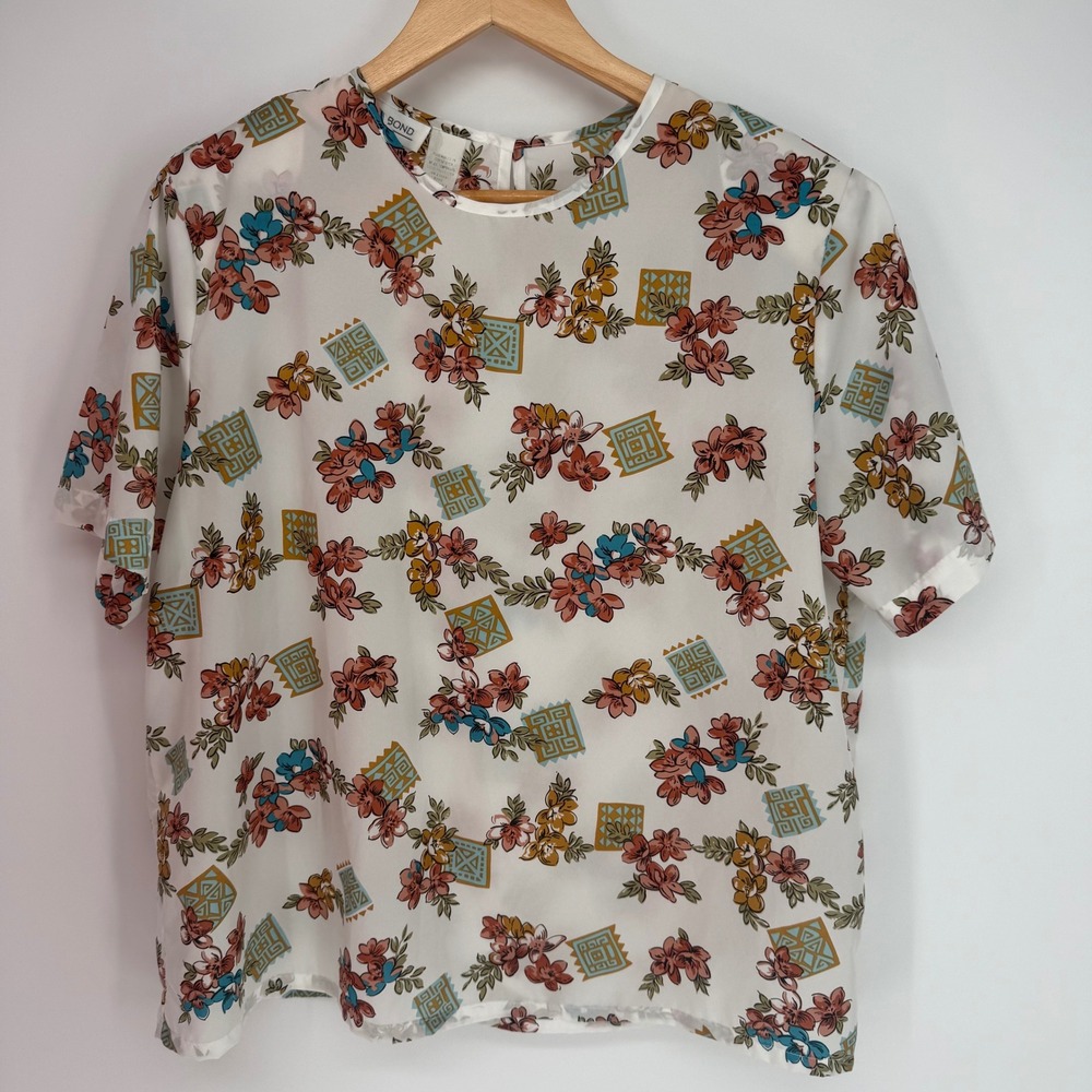 80's Vintage Judy Bond Floral Geometric Print Short Sleeve Blouse White Size 18